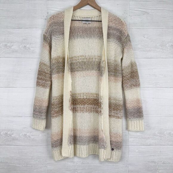 Anthropologie Numph Open Front Long Cardigan XS Stripe Cream Chunky Knit Mohair - Picture 1 of 16